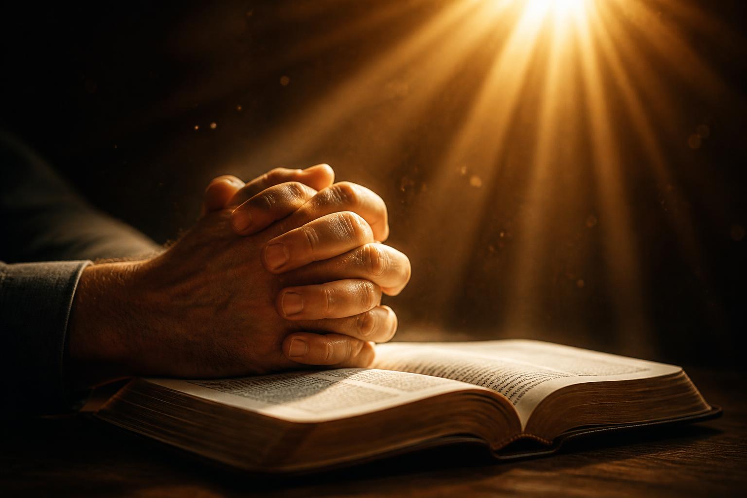 Hands in prayer over the Bible lit by divine golden light